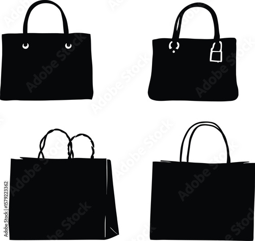 Minimalist Shopping Bag Silhouettes Featuring Varied Handle Styles and Rectangular Forms Representing Everyday Utility, Fashion Elements, and Casual Modern Design