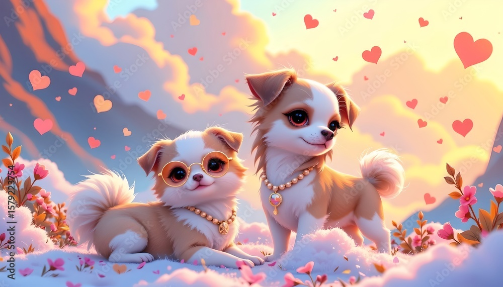 Naklejka premium Whimsical Dogs with Accessories Colorful Landscape