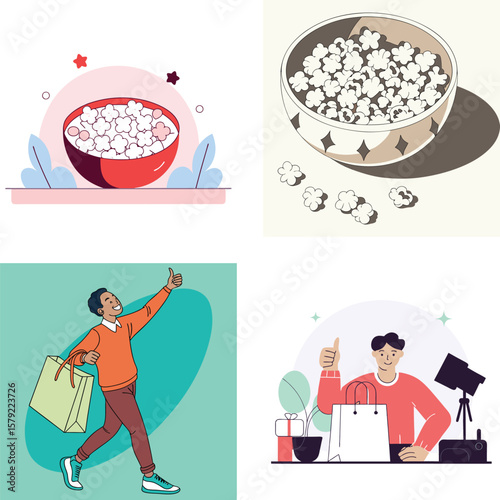 Joyful shopping and movie night with popcorn and thumbs up gestures