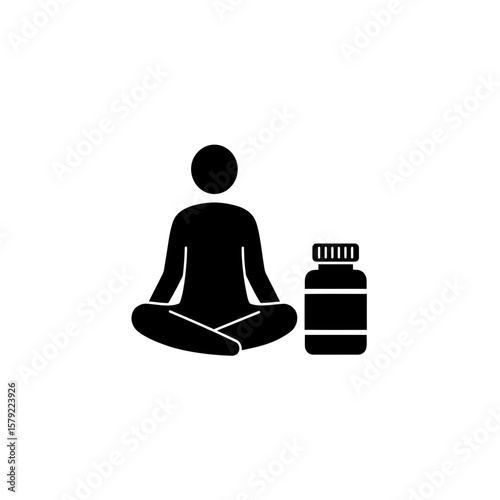 Mindfulness and Supplements: A pictogram of a person in a serene lotus position, alongside a bottle of supplements, symbolizes a holistic approach to well-being.