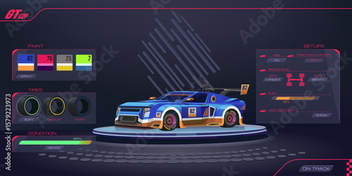 Racing car settings, game menu, UI design landing page. GT class sports car, racing body coloring. Demonstration of the car model on the pedestal. Banner template, poster, vector cartoon illustration