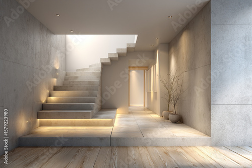 Interior view of a modern staircase with indirect lighting and minimalist decor in a bright space