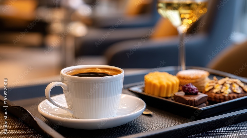 Fototapeta premium Elegant coffee and dessert display on a tray in a modern café with blurred background ambiance