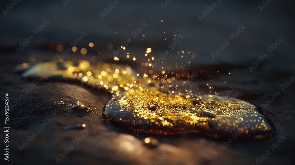 Naklejka premium A golden liquid splash with bokeh effect on a dark surface creating a magical and elegant atmosphere