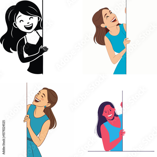 Joyful women peeking around a blank white board with laughter