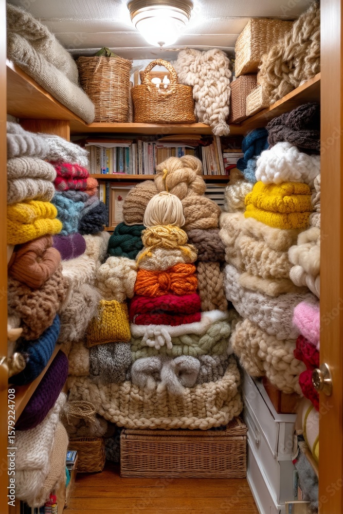 Fototapeta premium Cozy craft closet organization colorful yarn collection home storage interior inspiration warm environment close-up view