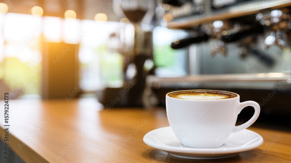 Fototapeta premium A close-up of a steaming cup of coffee on a wooden table in a vibrant café with blurred greenery