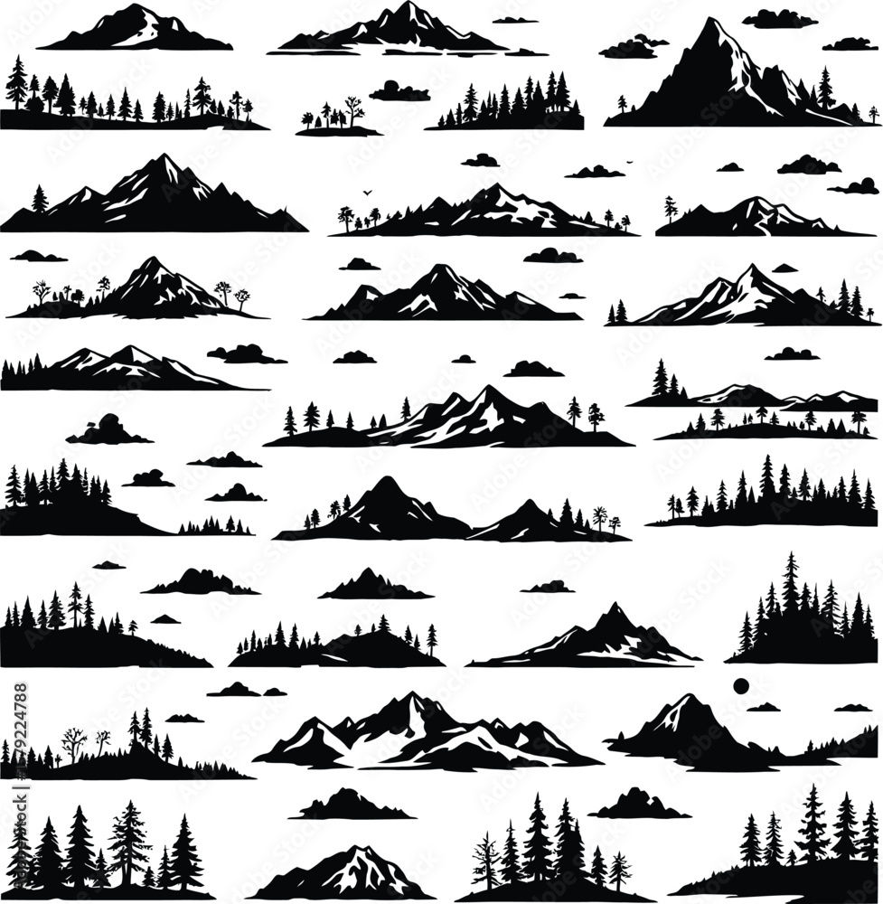 Fototapeta premium Minimalist Mountain and Tree Silhouettes Arranged in Decorative Grid Composition Featuring Varied Peaks, Forest Shapes, and Natural Landscape Diversity for Scenic and Graphic Design Themes