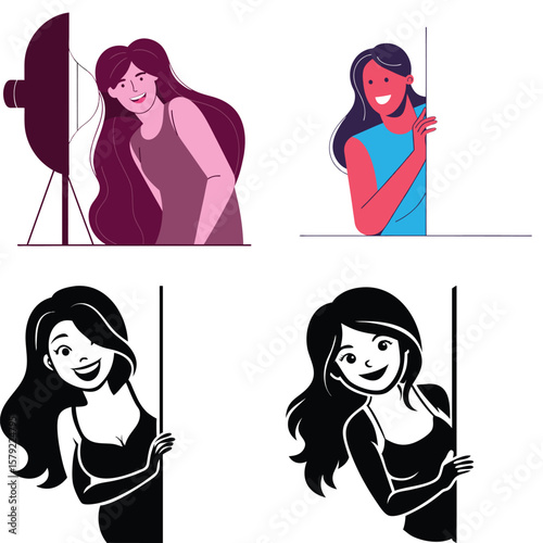 Smiling women peeking around corners and behind a studio light