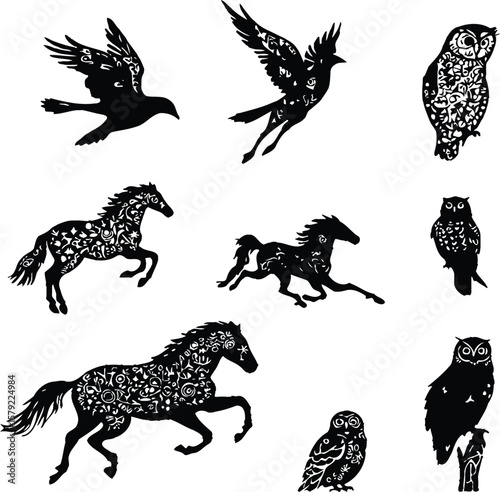 Floral Silhouettes of Wings and Grace: A Minimalist Animal Composition Featuring Owls, Flying Birds, and Horses Embellished with Botanical Patterns for Symbolic and Decorative Themes
