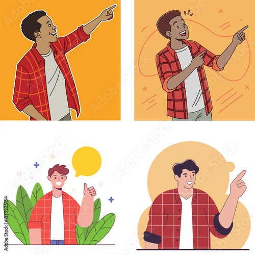 Happy young men in plaid shirts pointing and giving thumbs up