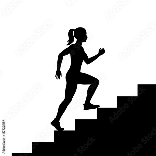Ascending Steps Silhouette: A determined silhouette of a woman strides up a set of steps, symbolizing progress, motivation, and the pursuit of fitness goals.