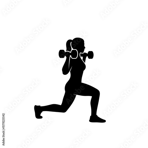 Power and Precision: Silhouette of a Determined Fitness Woman Performing a Dynamic Lunge Exercise with Dumbbells, embodying Strength, Discipline, and Physical Wellbeing.