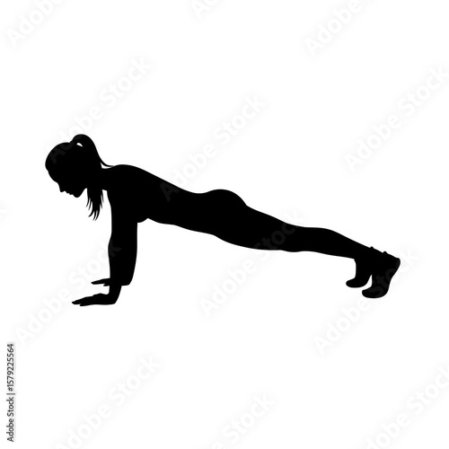Woman Plank Silhouette: A strong female silhouette performing a perfect plank exercise, showcasing fitness, strength, and determination. 