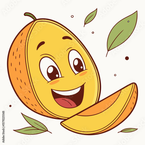 Happy yellow cartoon character with a joyful, smiling fruit face illustration