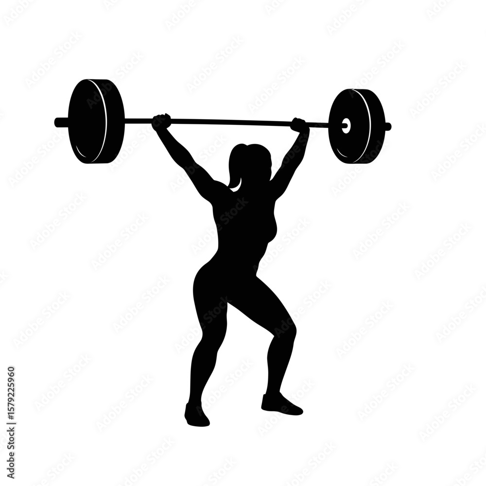 Obraz premium Strength and Grace: A silhouette captures a woman's powerful and elegant form as she performs a weightlifting exercise.