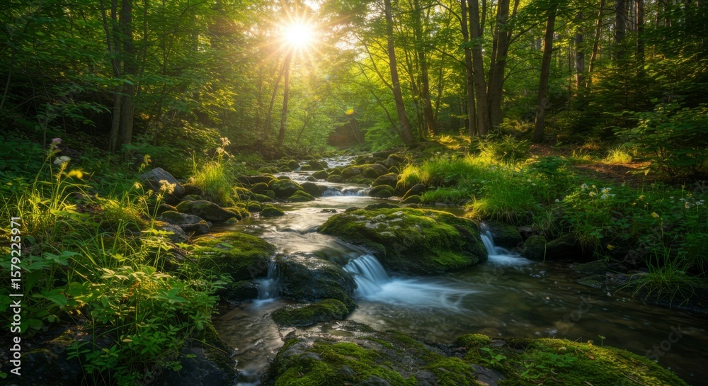 Fototapeta premium Sunlit forest stream. Lush green woods