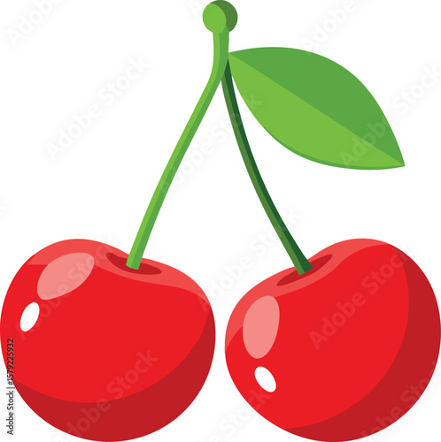Delicious Red Cherries with Green Stem and Leaf, Perfect for Summertime Recipes and Desserts