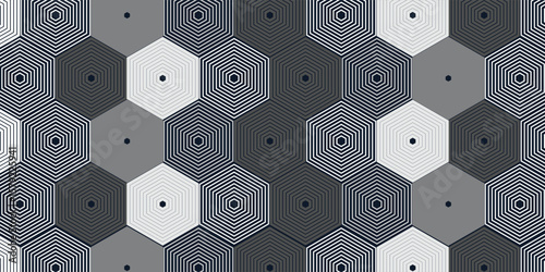 Geometric 3d lines abstract seamless pattern, vector background. Technology style engineering hexagon line drawing endless illustration. Single color, black and white.