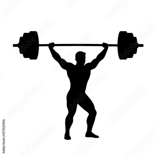 Power and Determination: A muscular silhouette of an athlete, locks weight above his head. Captured in dynamic contrast. 
