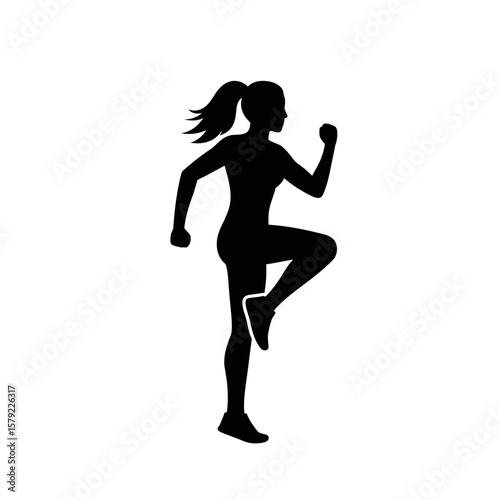 Silhouette of a woman running for fitness: A striking black silhouette of a woman in action, captured mid-stride with dynamic energy, embodying a sense of athleticism and the pursuit of wellness.