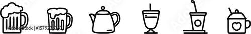 Silhouettes of Beverage Variety and Everyday Rituals: A Minimalist Sextet Featuring Beer Mugs, Teapot, Milkshake Glass, and Takeaway Cups Embracing Diverse Tastes and Cultural Comfort