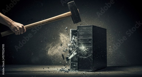 A hand smashing a computer