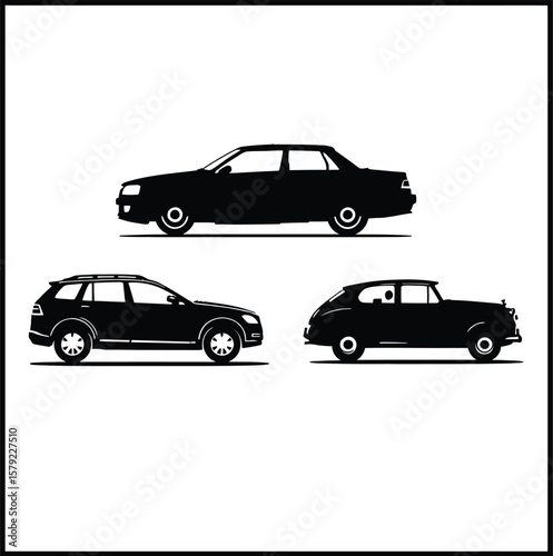 Silhouettes of Wheels and Legacy: A Minimalist Trio of Cars Showcasing the Sedan, SUV, and Vintage Models in a Stylish Composition of Function and Form