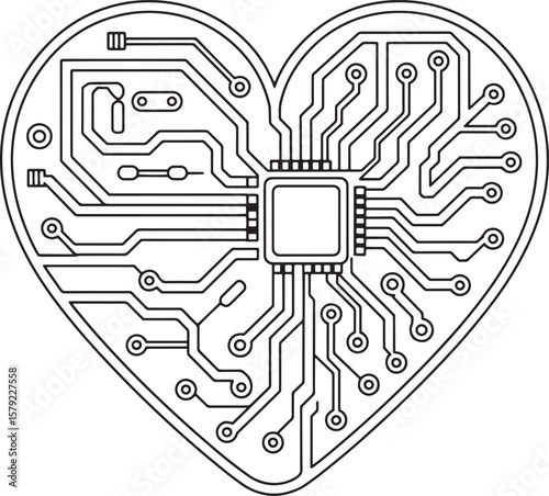 Circuit Board Heart Design, Futuristic Heart Circuit Vector, Tech Heart Circuit, Futuristic Love Chip, Digital Heart Design, Circuit Love Art, AI Heart Vector, heart circuit 