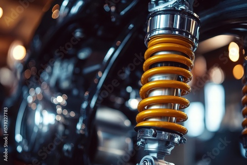 Close-Up View of Motorcycle Suspension System with Vibrant Spring Color