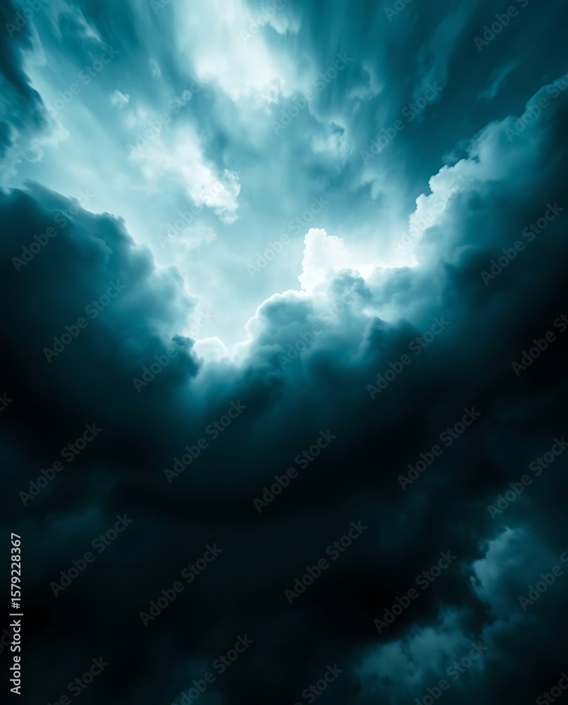 Fototapeta premium Dramatic Clouds with Turquoise Hues and Celestial Light Burst Through