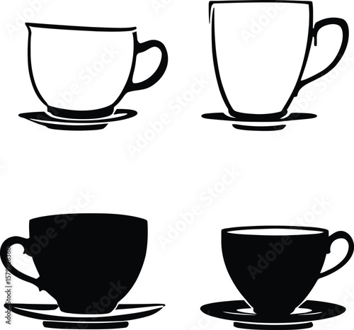 Silhouettes of Everyday Grace: A Minimalist Quartet Showcasing Classic Teacups on Saucers in Varied Shapes and Styles, Celebrating Calm, Routine, and Design Diversity