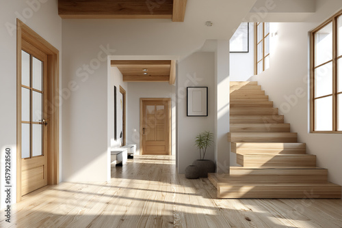 Interior view of a bright hallway with wooden floors and staircase leading to upper level area