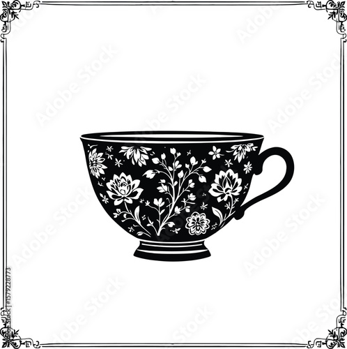 Silhouette of Elegance and Calm: A Minimalist Portrait Featuring a Floral Teacup Within an Ornamental Frame, Celebrating Everyday Comfort and Decorative Grace