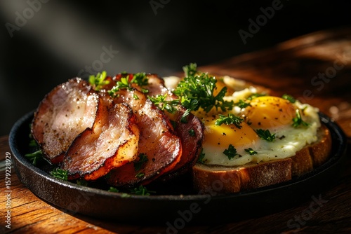 Delicious breakfast with canadian peameal bacon and sunny-side-up eggs garnished with fresh herbs