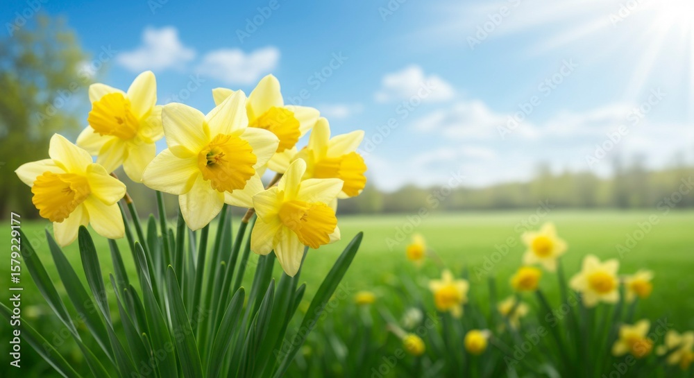 Obraz premium Spring daffodils in a grassy field under a partly cloudy sky