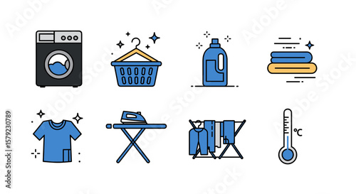 Set of laundry icons washing machine, clothesline, detergent. Ideal for laundry service websites, brochures, packaging designs, and household product advertisements.