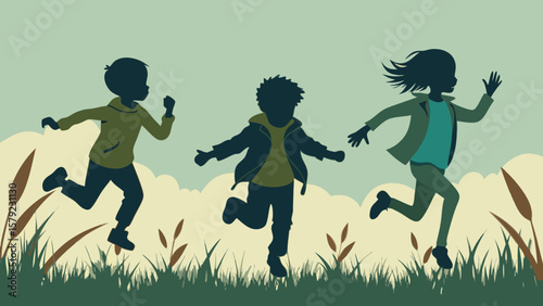 Three Kids Running in Grass Silhouette – Flat Illustration of Playful Childhood Scene