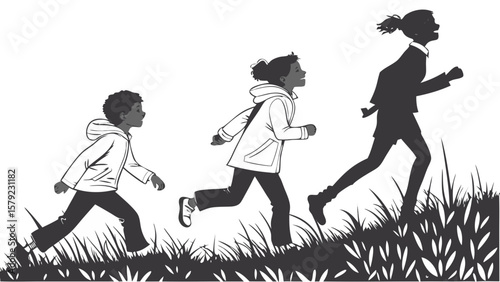 Silhouette of Three Children Running Through Grass – Playful Black and White Illustration of Childhood Joy