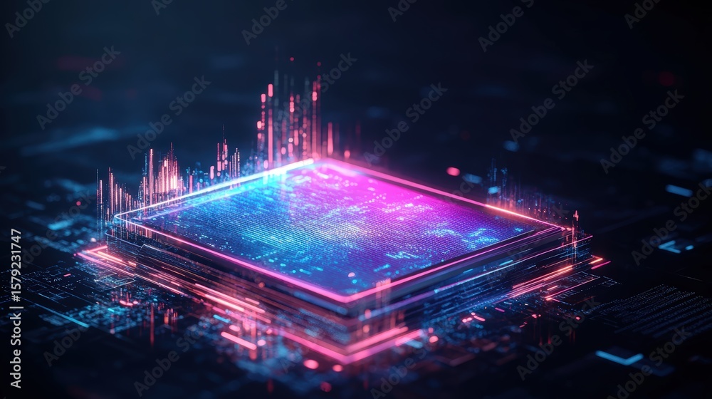 Obraz premium High tech computer processor chip with glowing digital circuitry and vibrant neon lighting effects