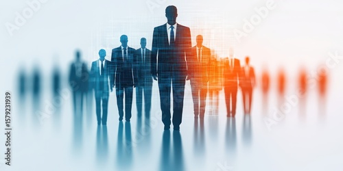 Business, Silhouettes digital concept. Silhouetted figures in business attire with a digital overlay, representing leadership and teamwork.