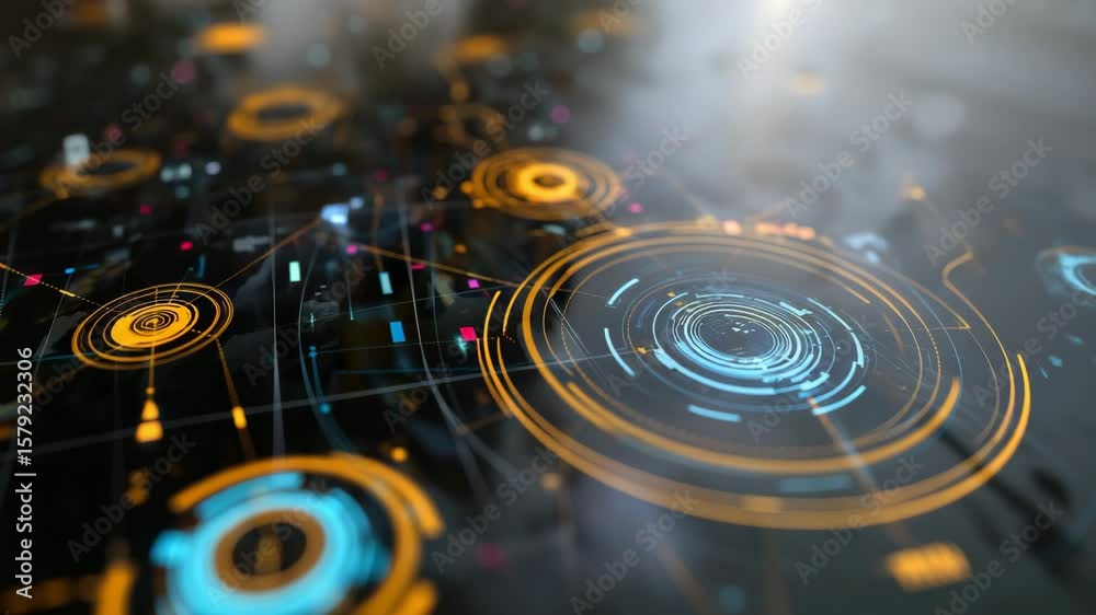 Computer screen with many different colored circles. Some of the circles are blue. abstract overlay of oil stock movement with minimal infographic icons ,oil exploration stocks