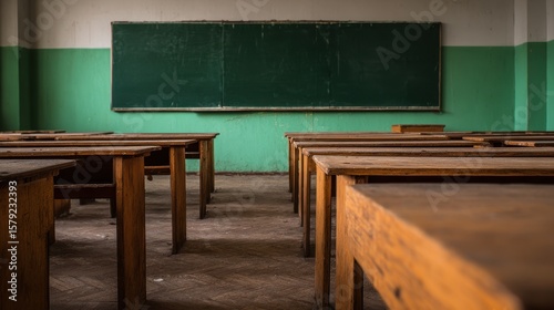 Empty classroom with wooden desks and green walls, featuring a chalkboard in the background
