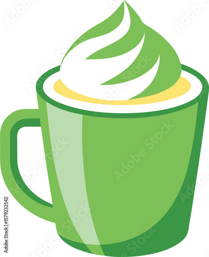 Refreshing Green Matcha Latte with Whipped Cream in a Mug - Perfect Beverage Illustration
