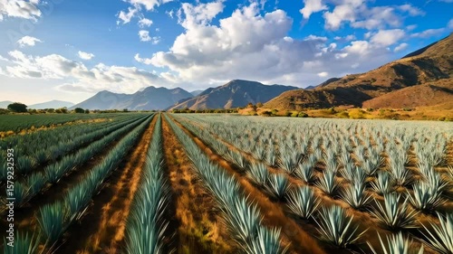Vast agricultural landscape of rows of agave plants leading toward distant mountain range under bright blue sky with scattered white clouds.