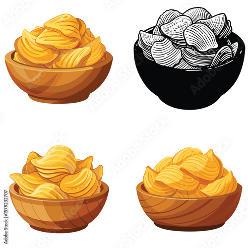 Crispy potato chips piled high in wooden bowls and a stylized sketch