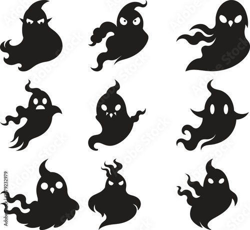 Cute Black and White Ghost Silhouettes Set