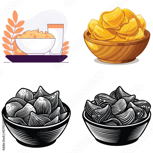 Four diverse illustrations of crispy potato chips in bowls