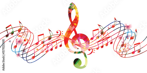 Music notes background. Colorful G-clef and music notes isolated vector illustration