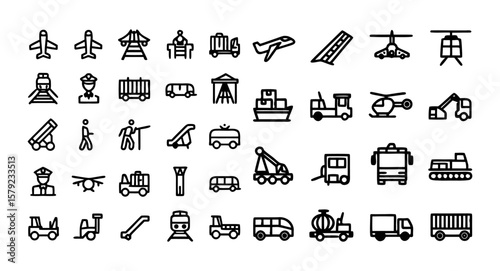 Airport Ground Support Transport Line Icon Set – Thin Linear Vector Pictograms of Runway Inspection, Sweeper, Ground Power Generator, Water Loader, and Passenger Shuttle Bus